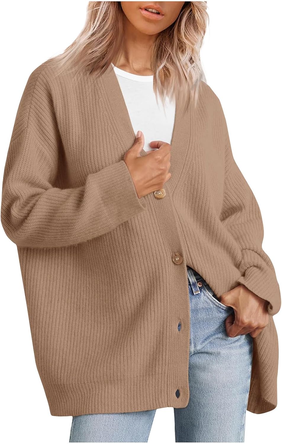 Women's Striped Knit Cardigan with V Neck and Button Front