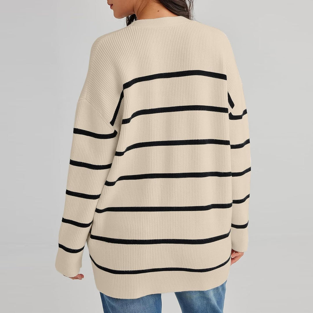 Women's Striped Knit Cardigan with V Neck and Button Front
