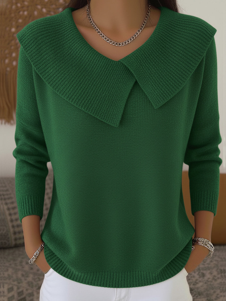Women's Collared Knit Jumper with V Neck and Long Sleeves
