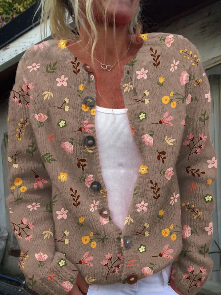 Women's Floral Knit Cardigan with Round Neck and Button Front