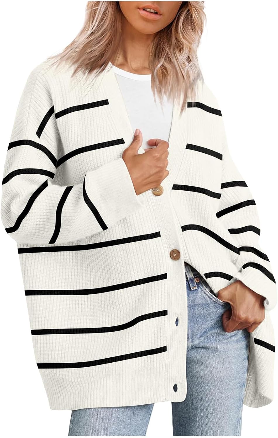 Women's Striped Knit Cardigan with V Neck and Button Front