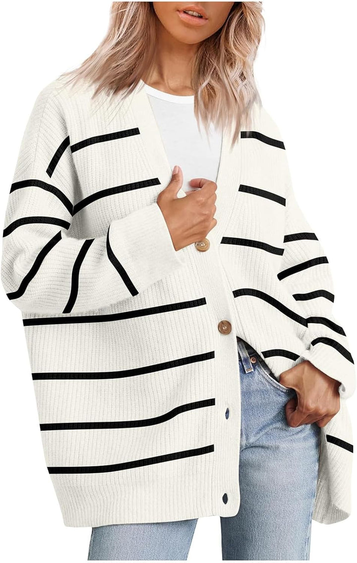 Women's Striped Knit Cardigan with V Neck and Button Front