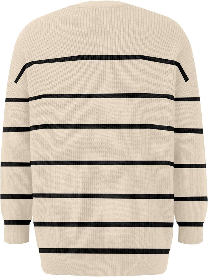 Women's Striped Knit Cardigan with V Neck and Button Front
