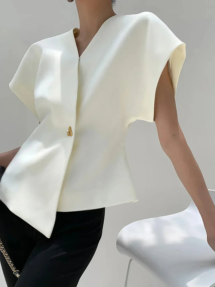 Women's Blouse with Asymmetrical Hem and V Neck