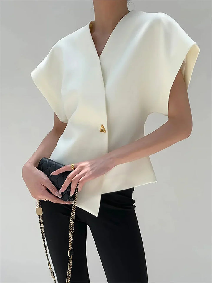 Women's Blouse with Asymmetrical Hem and V Neck