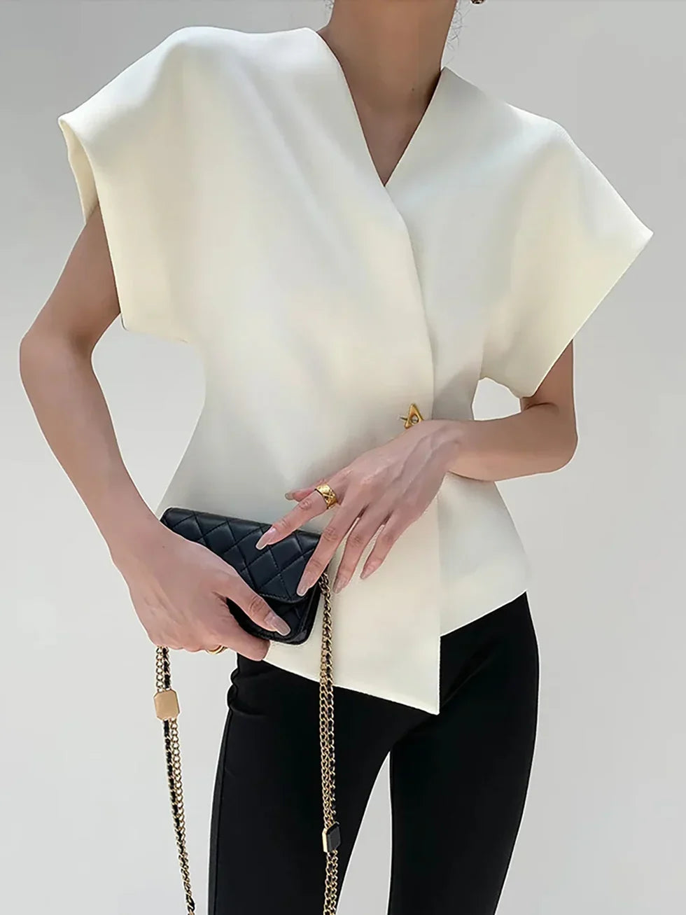 Women's Blouse with Asymmetrical Hem and V Neck