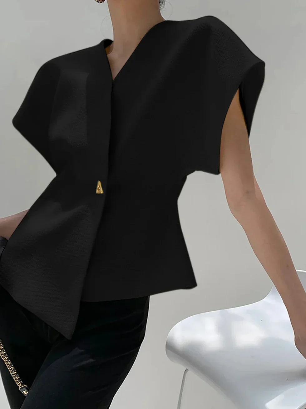 Women's Blouse with Asymmetrical Hem and V Neck