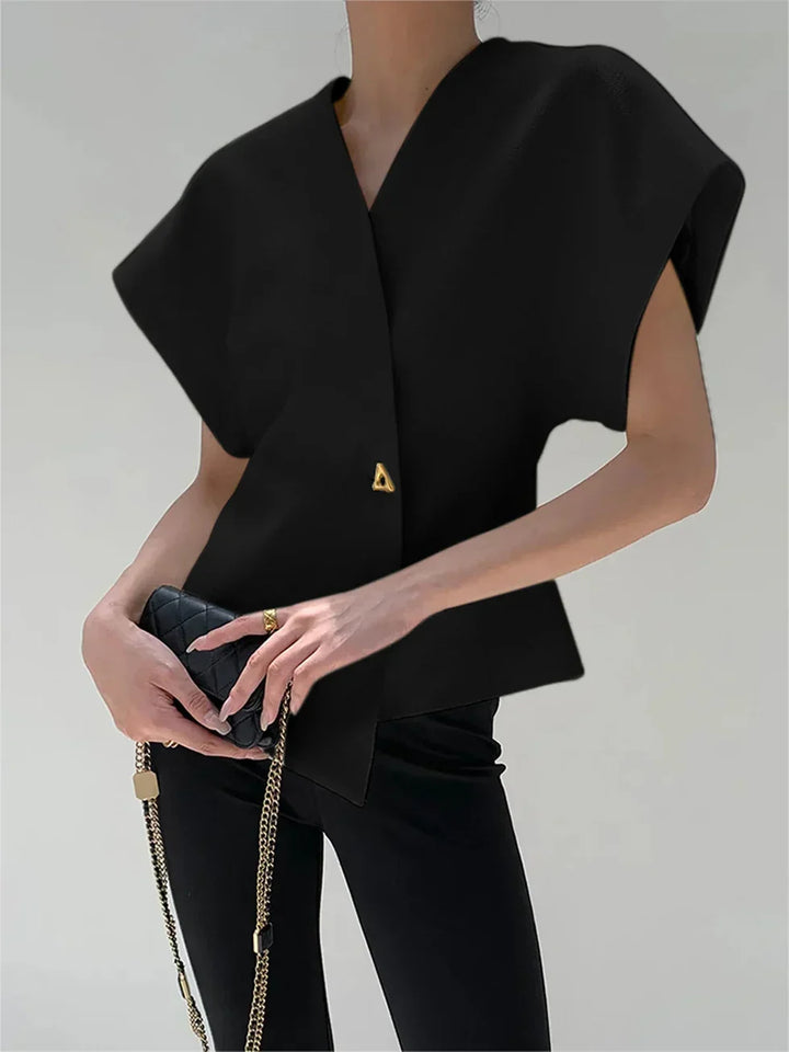 Women's Blouse with Asymmetrical Hem and V Neck