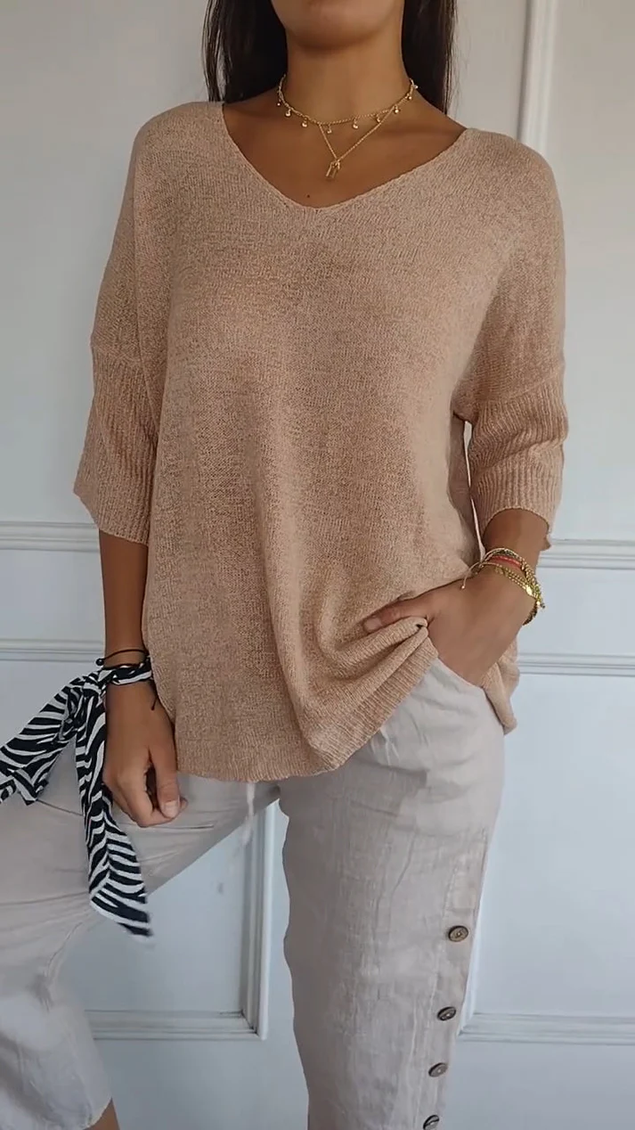 Women's V Neck Blouse with 3/4 Sleeves and Curved Hem