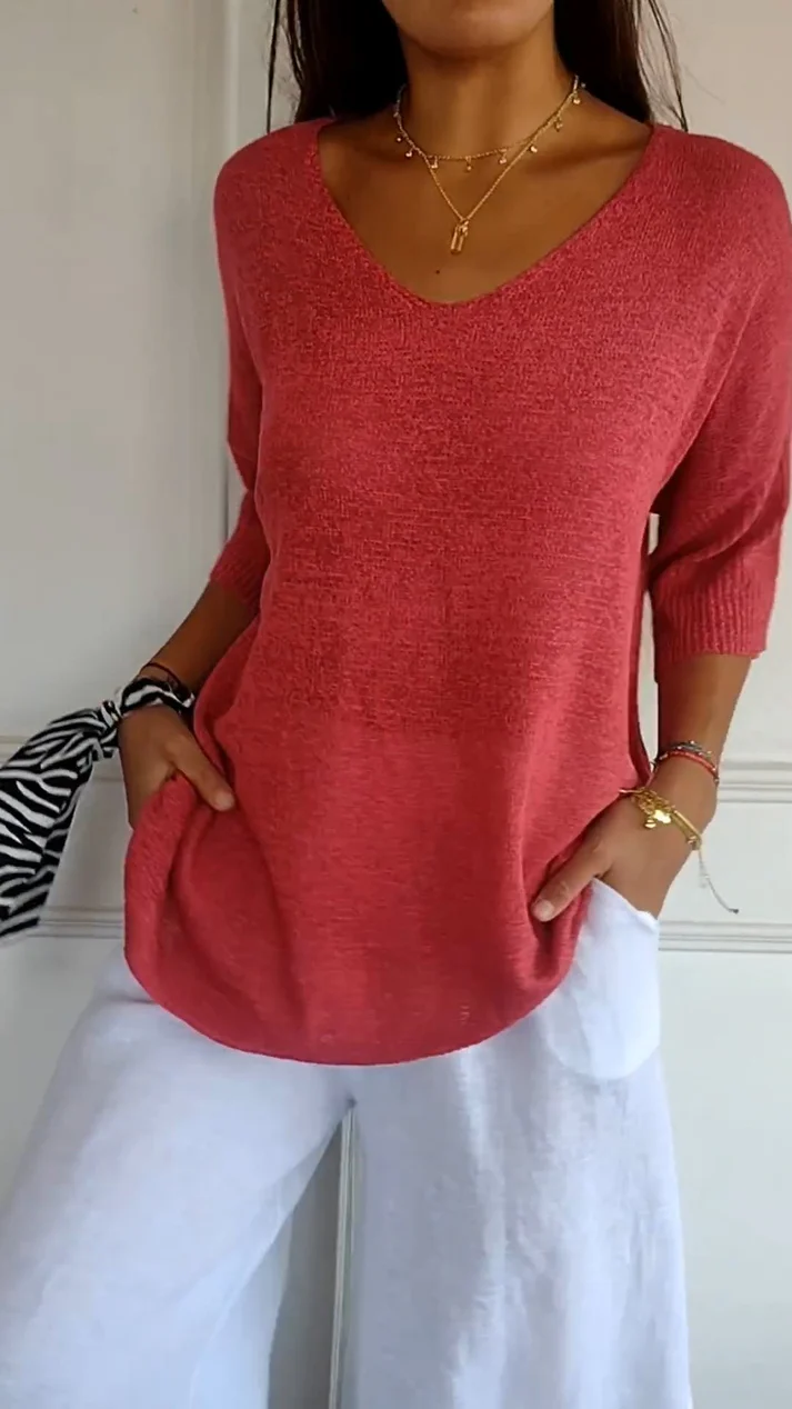 Women's V Neck Blouse with 3/4 Sleeves and Curved Hem