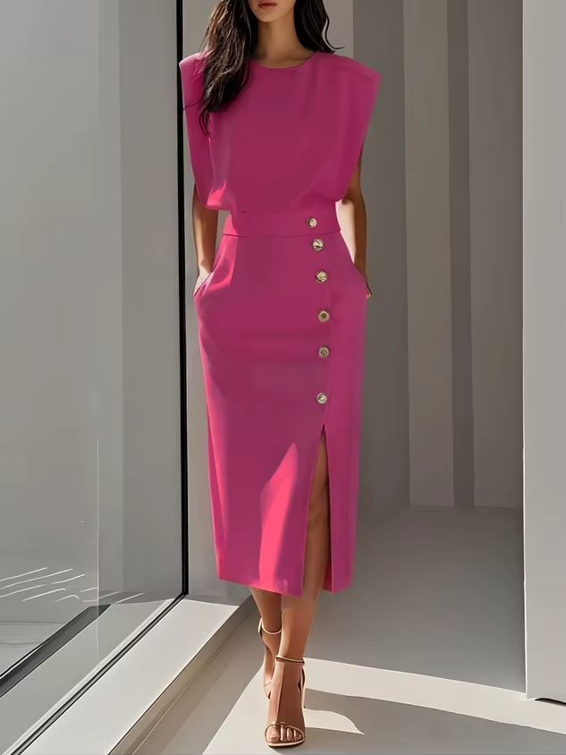 Women's Occasion Midi Dress with Shoulder Pads and Button Detail