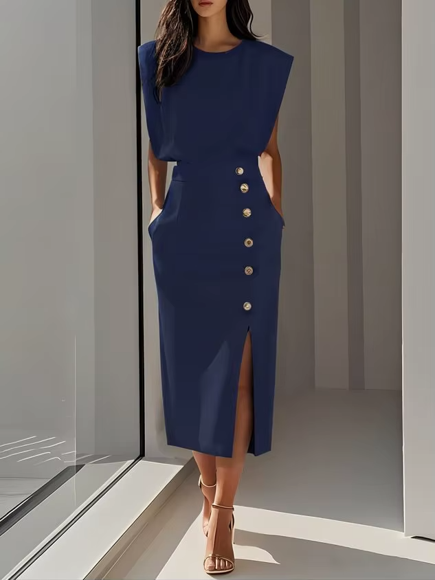 Women's Occasion Midi Dress with Shoulder Pads and Button Detail