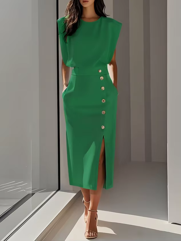 Women's Occasion Midi Dress with Shoulder Pads and Button Detail
