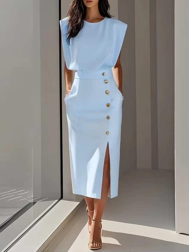 Women's Occasion Midi Dress with Shoulder Pads and Button Detail