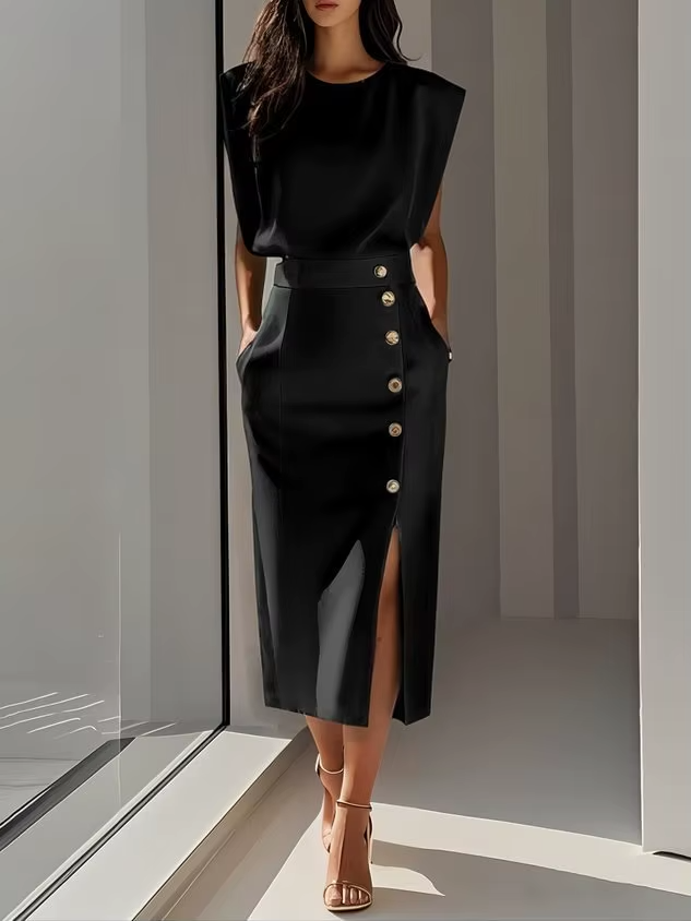 Women's Occasion Midi Dress with Shoulder Pads and Button Detail