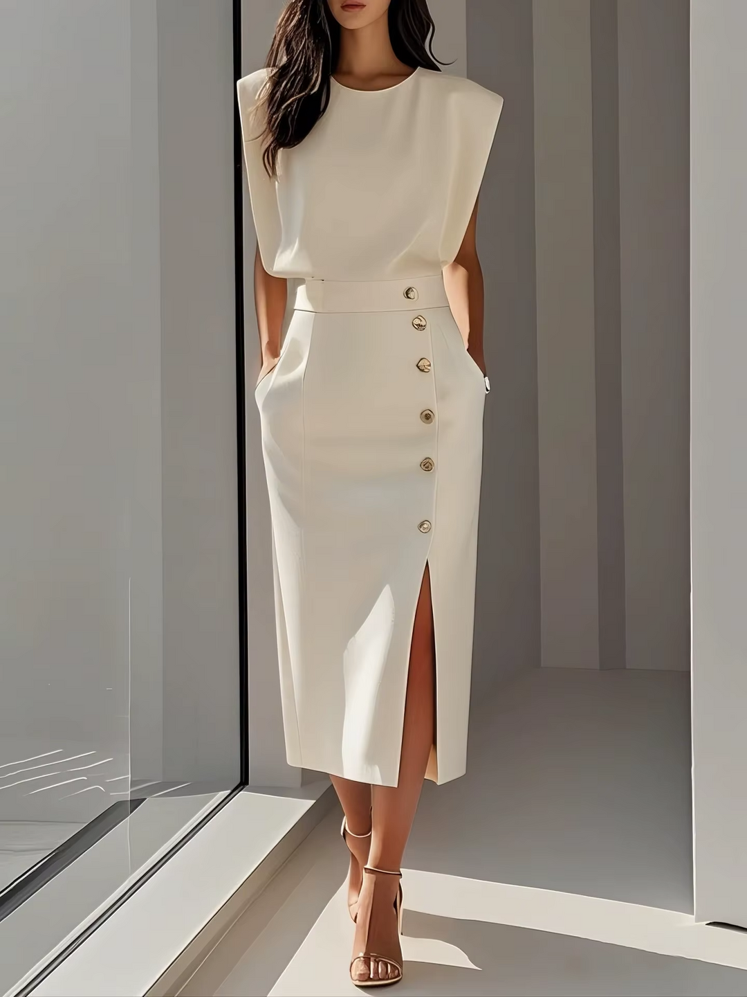 Women's Occasion Midi Dress with Shoulder Pads and Button Detail