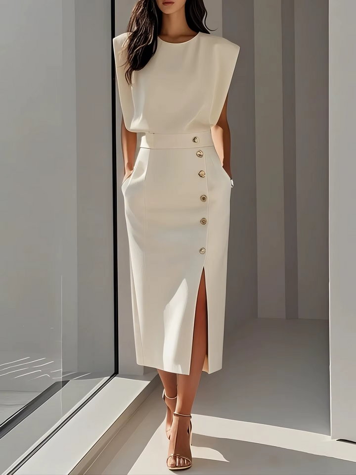Women's Occasion Midi Dress with Shoulder Pads and Button Detail