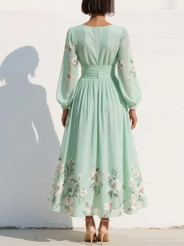 Women's Floral Midi Dress with V Neck and Long Sleeves