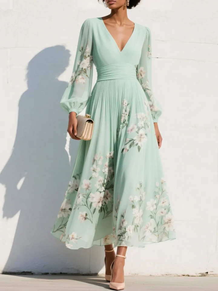 Women's Floral Midi Dress with V Neck and Long Sleeves