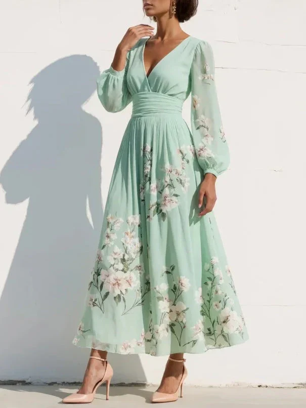 Women's Floral Midi Dress with V Neck and Long Sleeves