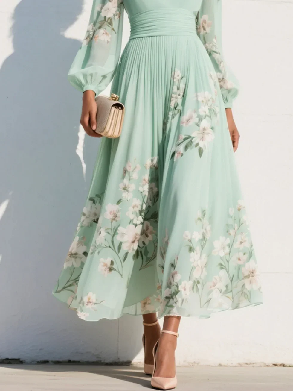 Women's Floral Midi Dress with V Neck and Long Sleeves