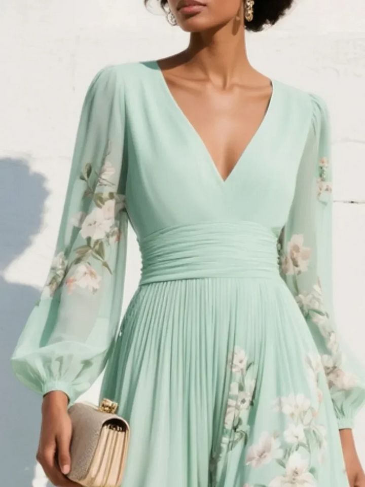 Women's Floral Midi Dress with V Neck and Long Sleeves