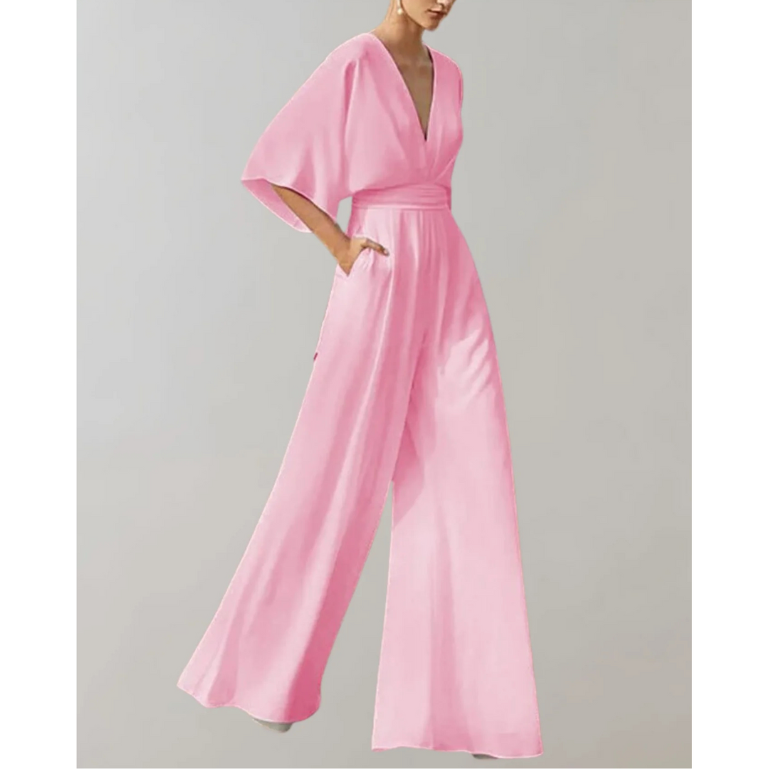 Women's Wide Leg Jumpsuit with V Neck and Short Sleeves