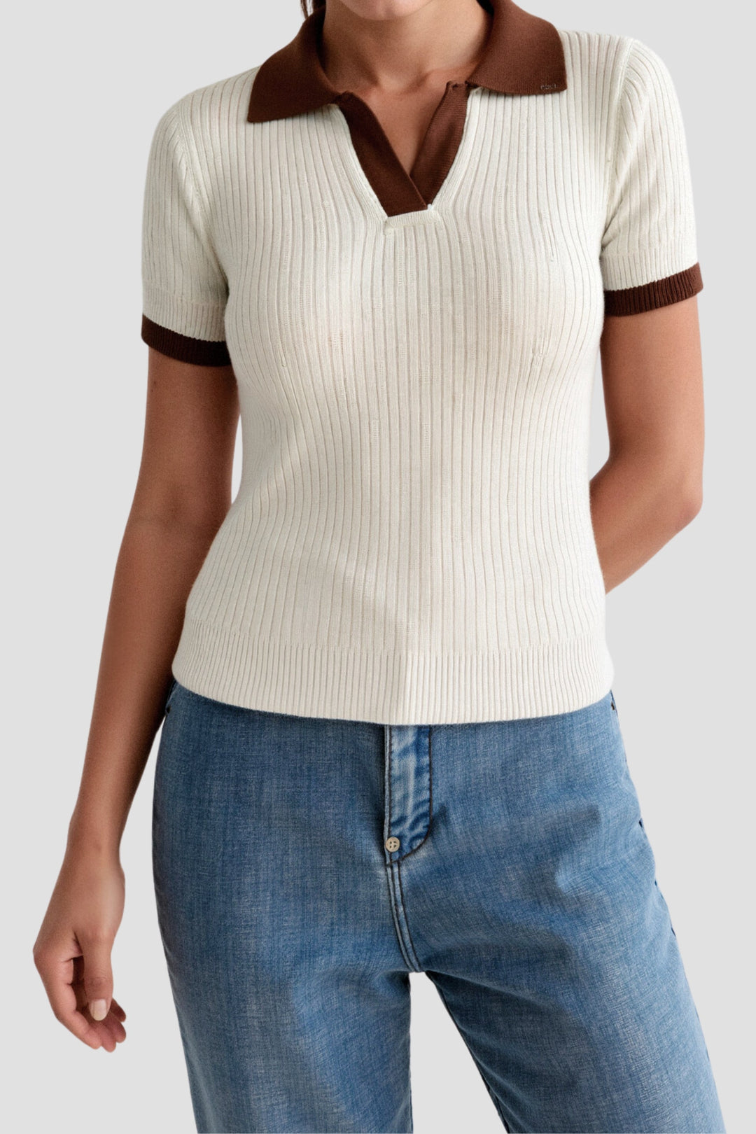 Women's Ribbed Top with Collared Neckline and Short Sleeves
