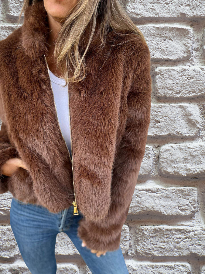 Women's Faux Fur Jacket with High Neck and Zip Front