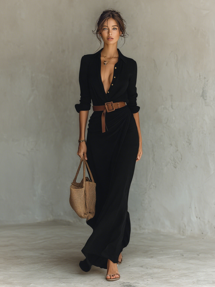 Women's Shirt Maxi Dress with Button Front and Tie Waist