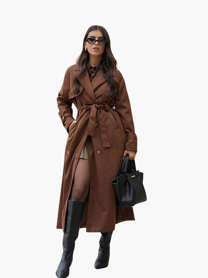 Women's Double Breasted Trench Coat with Belted Waist and Notch Lapel