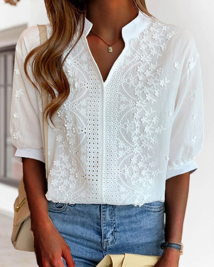 Women's V Neck Blouse with Puff Sleeves and Embroidered Detail