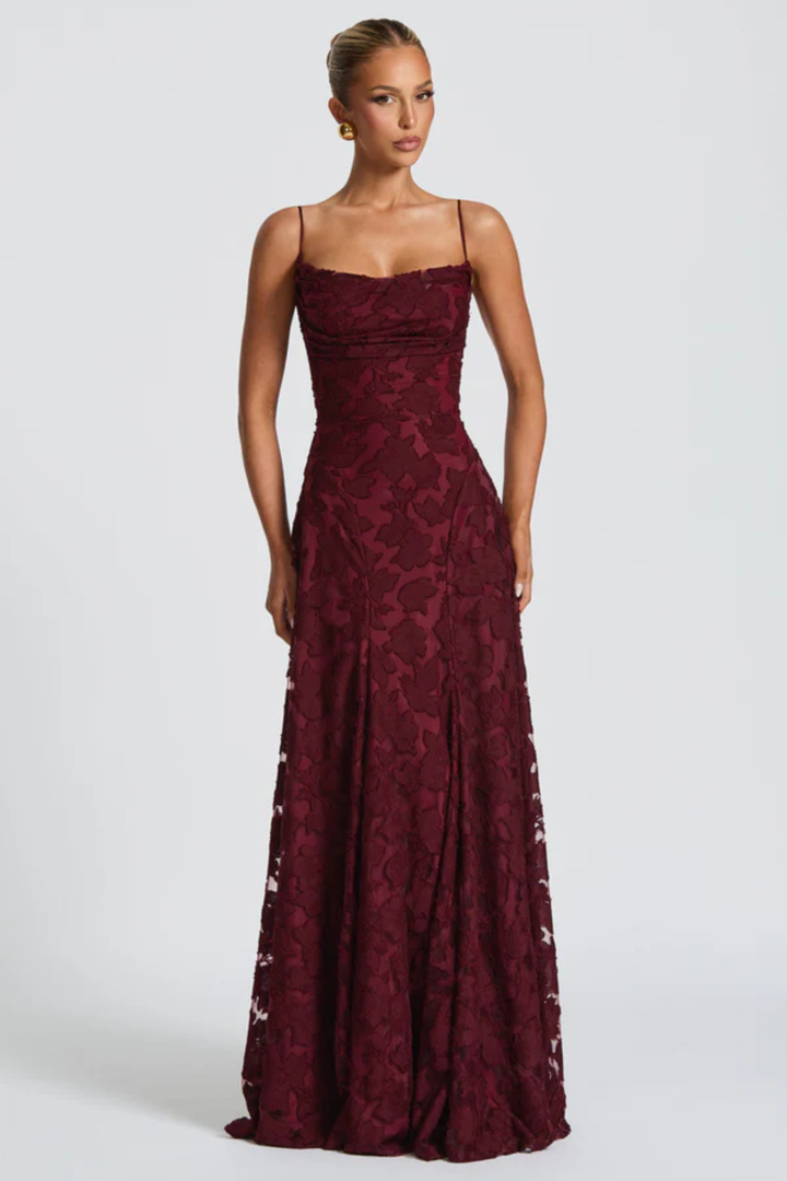 Women's Wedding Guest Maxi Dress with Floral Lace and Square Neckline