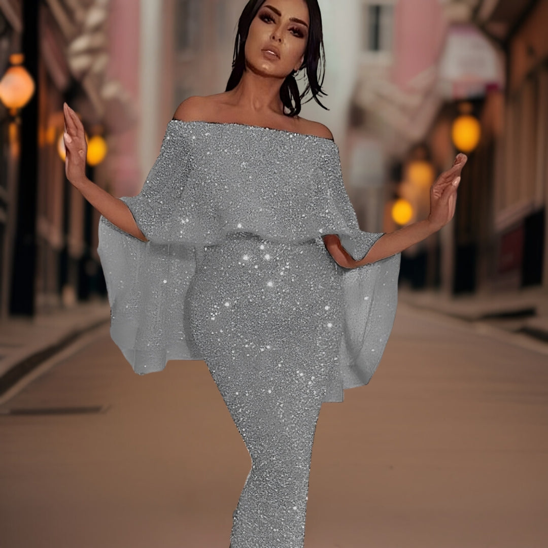 Women's Sequin Maxi Dress with Bardot Neckline and Ruffle Sleeves