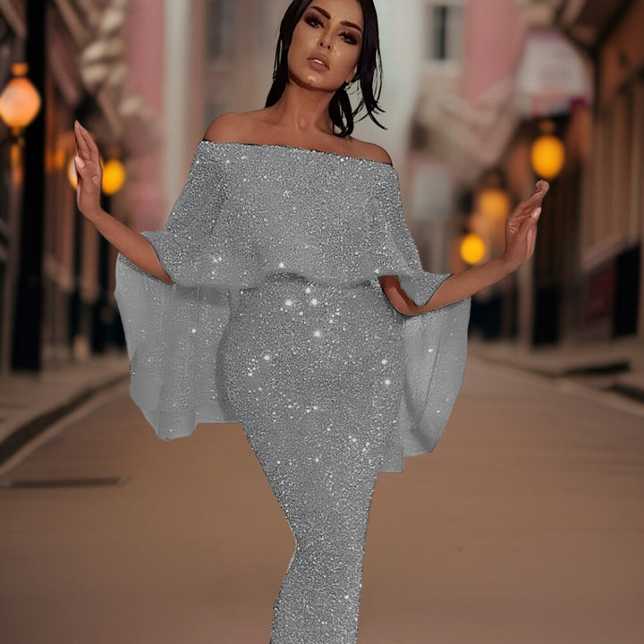 Women's Sequin Maxi Dress with Bardot Neckline and Ruffle Sleeves