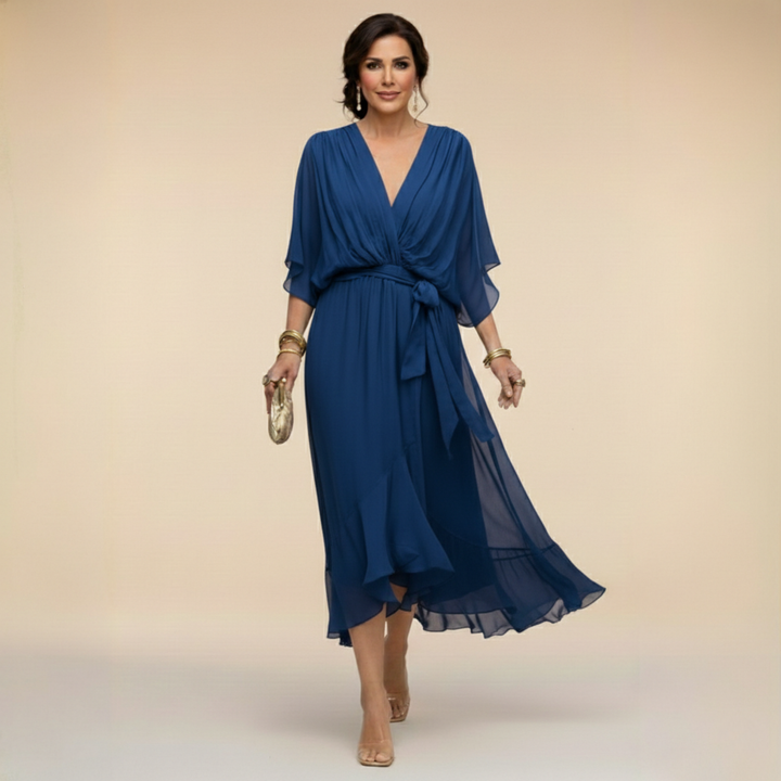 Women's Wedding Guest Midi Dress with V Neck and Flutter Sleeves