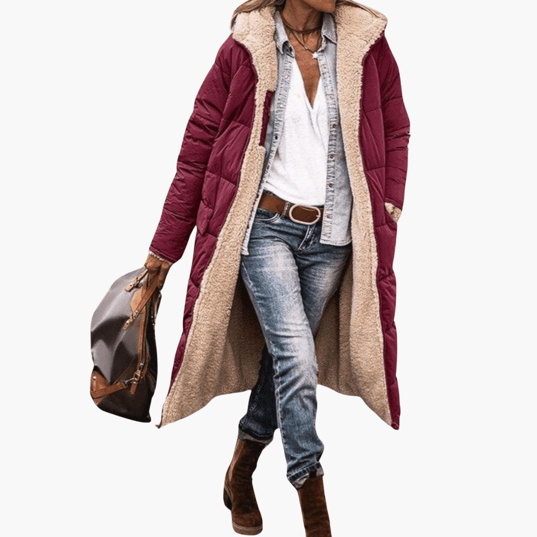 Women's Longline Puffer Coat with Hood and Quilted Design