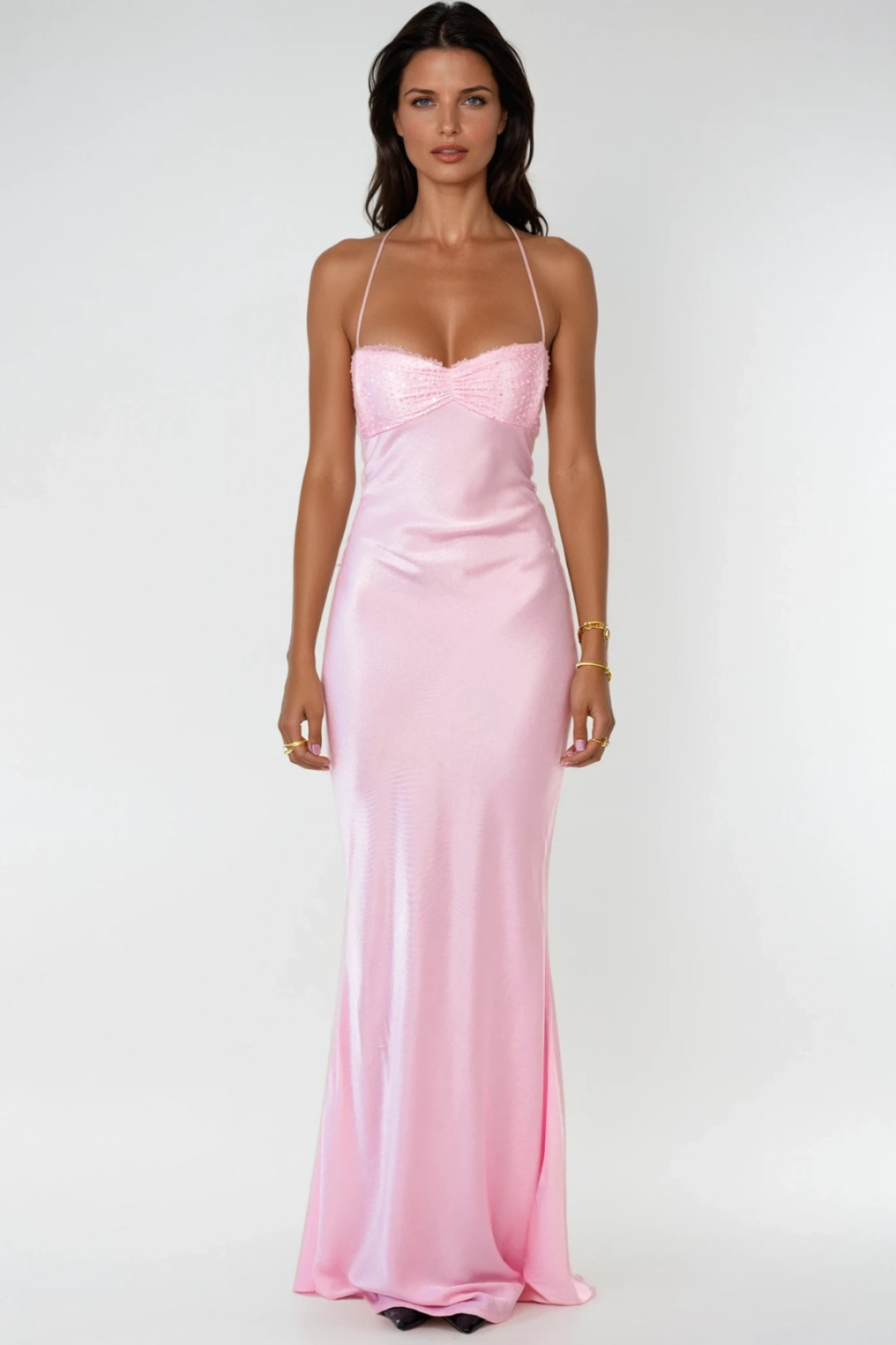 Women's Evening Maxi Dress with Embellished Bodice and Lace Up Back
