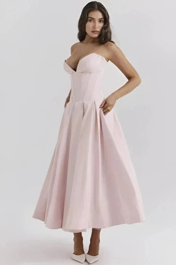 Women's Wedding Guest Corset Midi Dress with Full Skirt