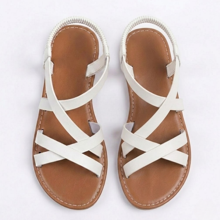 Women's Flat Sandals with Cross Strap Design and Ankle Buckle