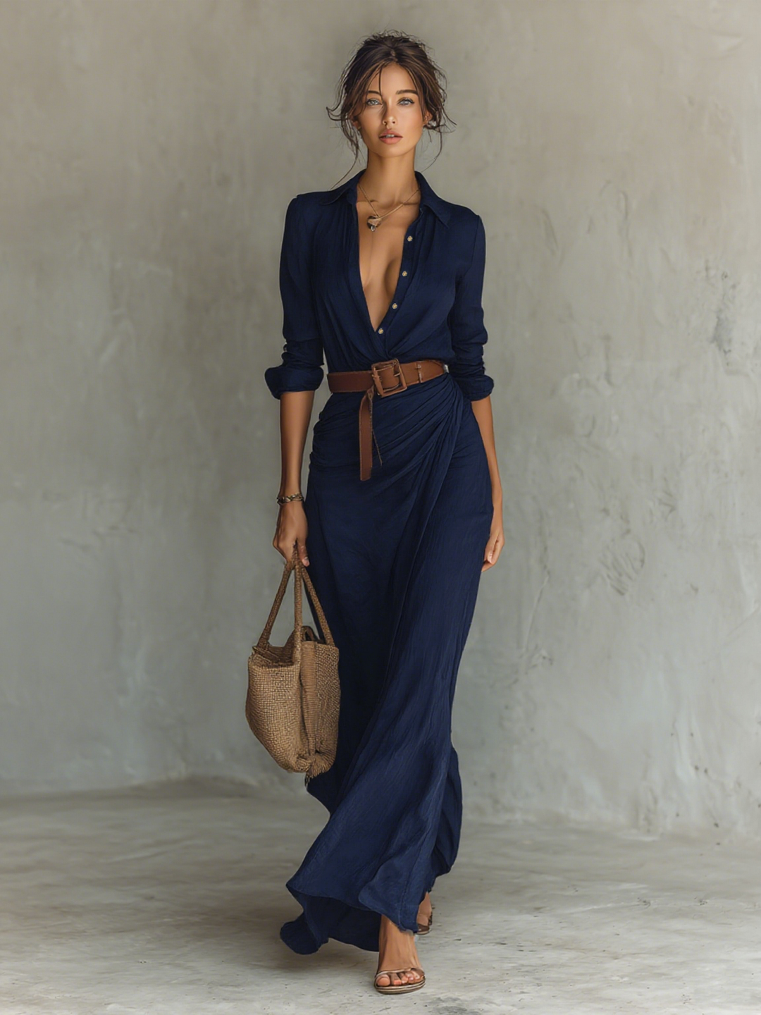 Women's Shirt Maxi Dress with Button Front and Tie Waist