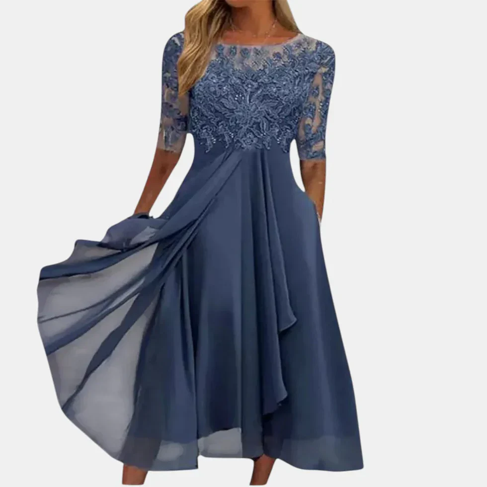 Women's Occasion Midi Dress with Lace Bodice and Flared Skirt