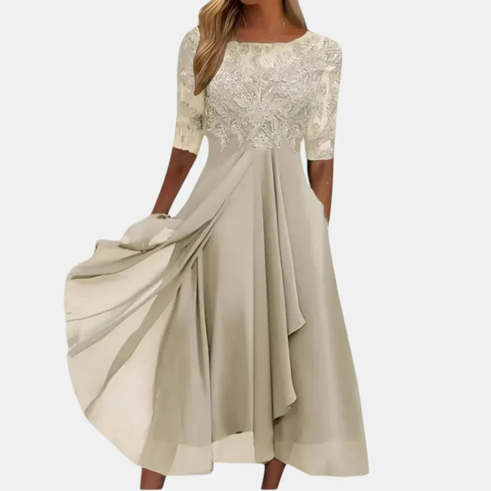 Women's Occasion Midi Dress with Lace Bodice and Flared Skirt