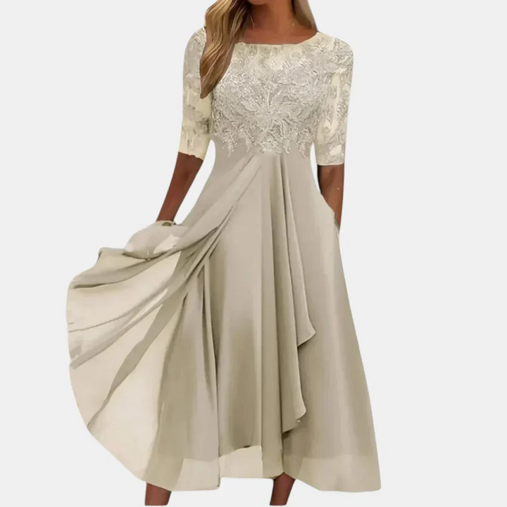 Women's Occasion Midi Dress with Lace Bodice and Flared Skirt