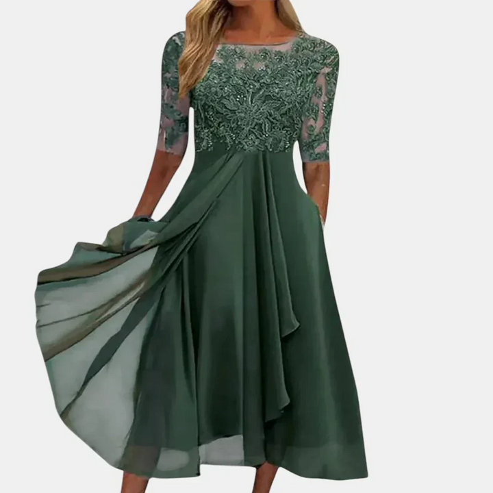 Women's Occasion Midi Dress with Lace Bodice and Flared Skirt