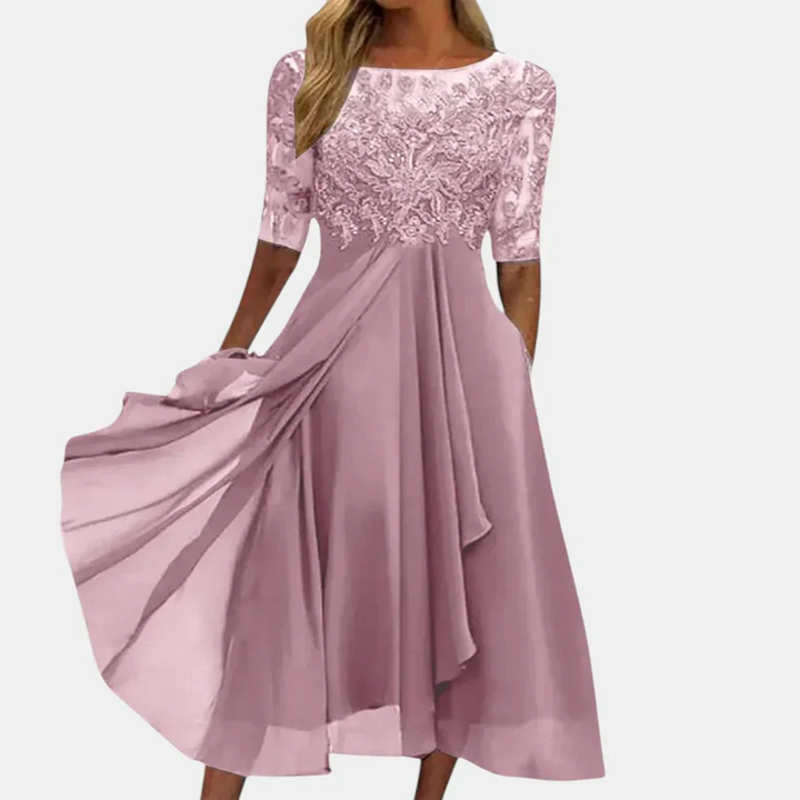 Women's Occasion Midi Dress with Lace Bodice and Flared Skirt