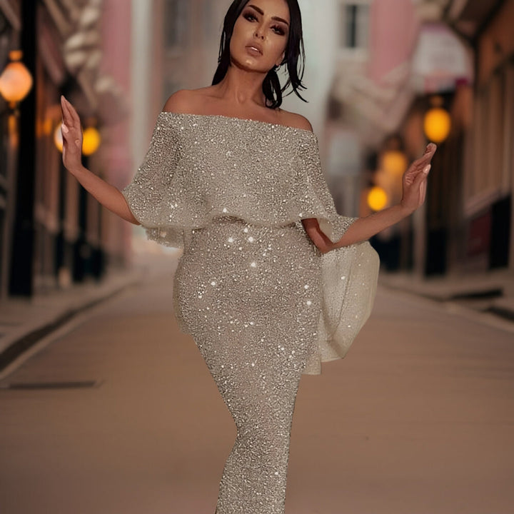 Women's Sequin Maxi Dress with Bardot Neckline and Ruffle Sleeves
