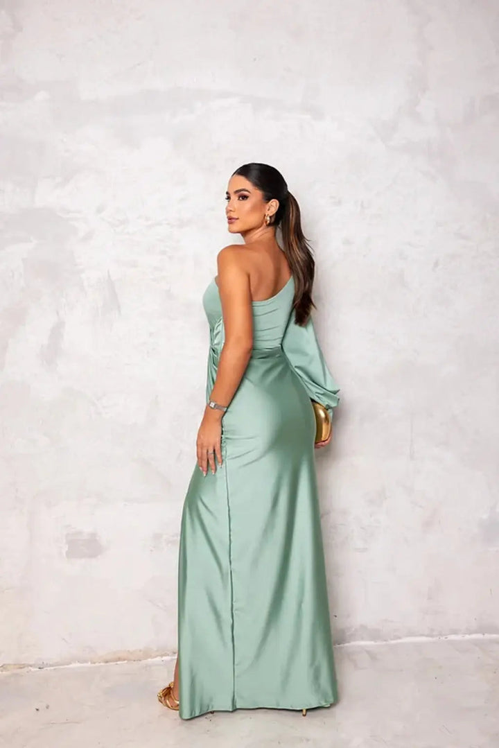 Women's One Shoulder Maxi Dress with Ruched Waist and Thigh Split