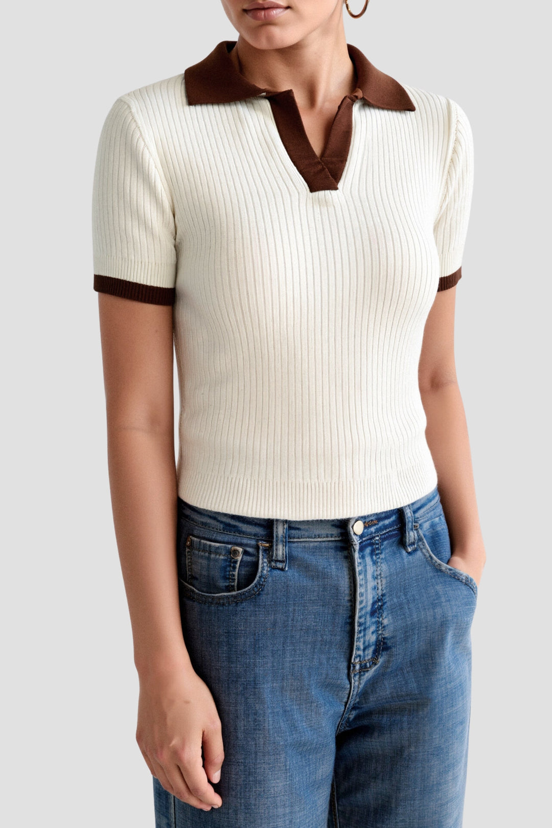 Women's Ribbed Top with Collared Neckline and Short Sleeves