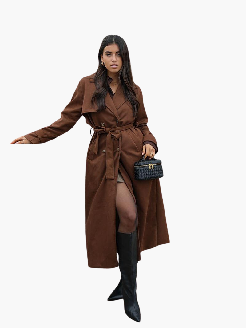 Women's Double Breasted Trench Coat with Belted Waist and Notch Lapel